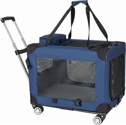 jansno 3-Door Portable Folding Collapsible Rolling Dog Carrier with Wheels & Mesh Windows, Dark Blue, 28-in