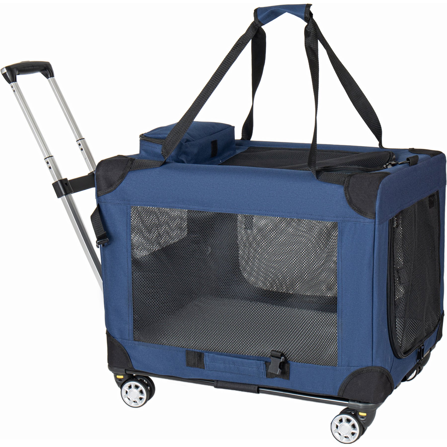 jansno 3-Door Portable Folding Collapsible Rolling Dog Carrier with Wheels & Mesh Windows, Dark Blue, 28-in