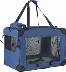 jansno 3-Door Portable Folding Dog Carrier with Mesh Windows, Straps & Fleece Mat, Dark Blue, 36-in