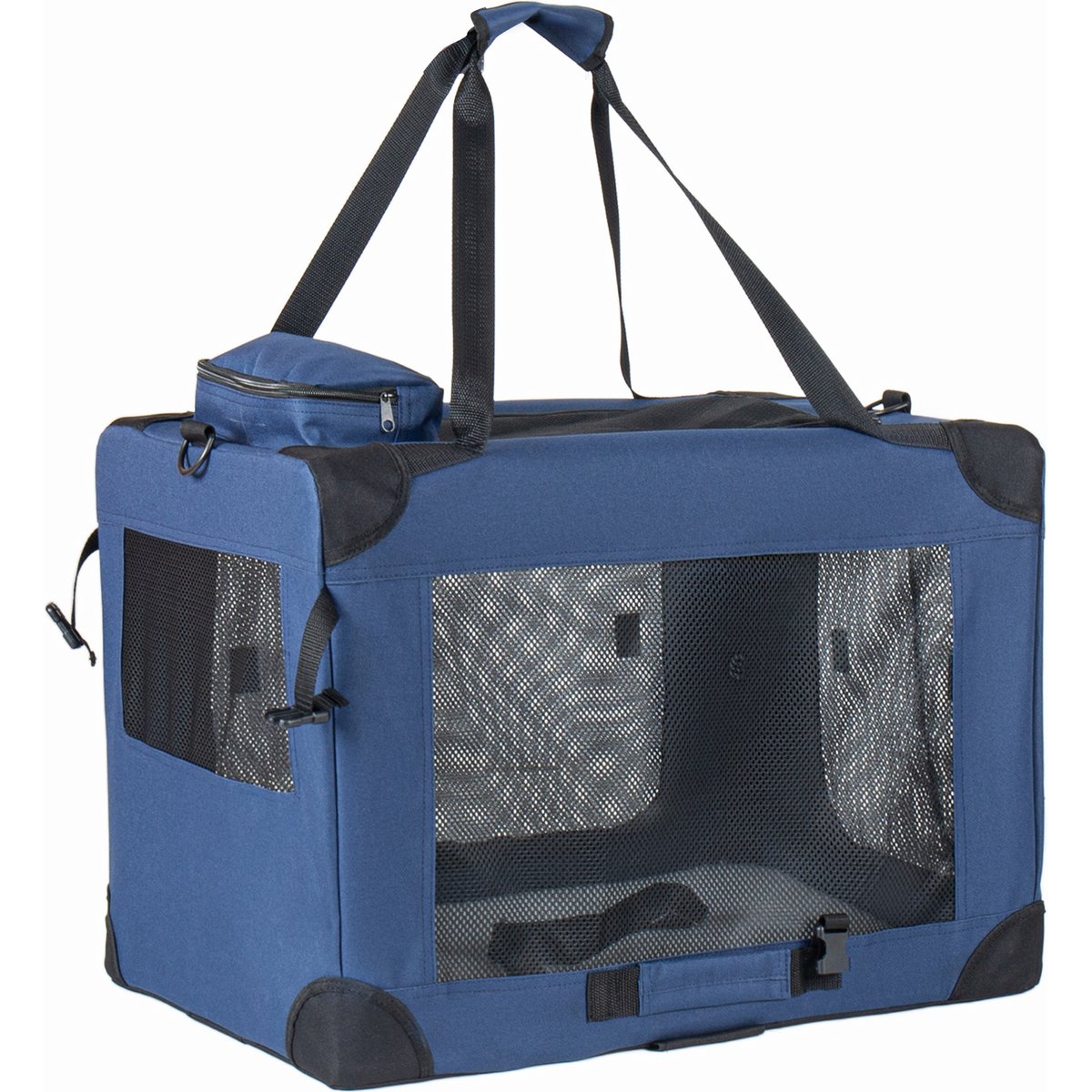jansno 3-Door Portable Folding Dog Carrier with Mesh Windows, Straps & Fleece Mat, Dark Blue, 36-in