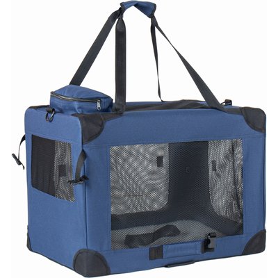 jansno jansno 3-Door Portable Folding Dog Carrier with Mesh Windows, Straps & Fleece Mat, Dark Blue, 32-in