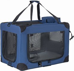 jansno 3-Door Portable Folding Dog Carrier with Mesh Windows, Straps & Fleece Mat, Dark Blue, 40-in