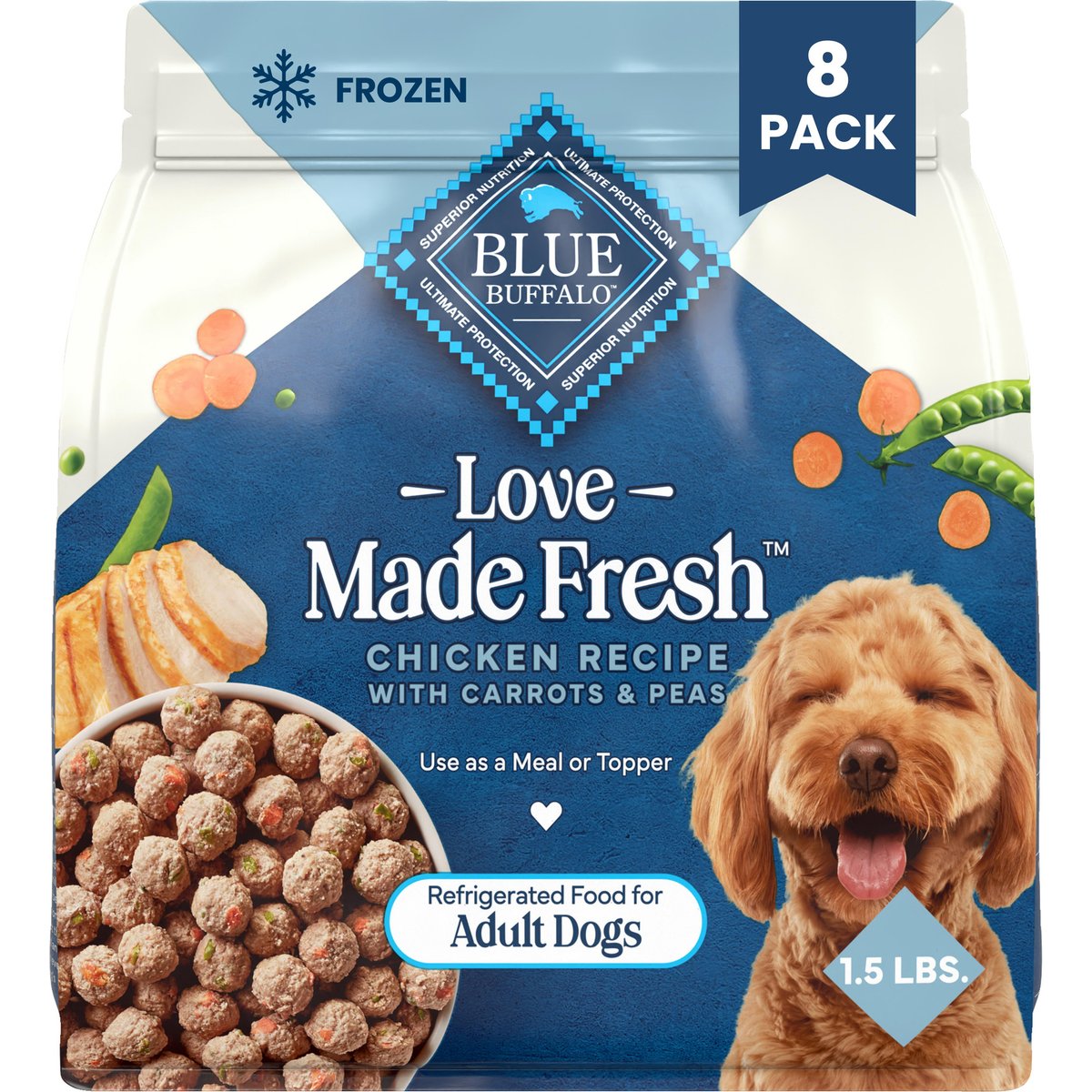 Blue Buffalo Love Made Fresh Fully Cooked Natural Chicken Meatball Fresh Dog Food, 1.5-lb pouch, bundle of 8