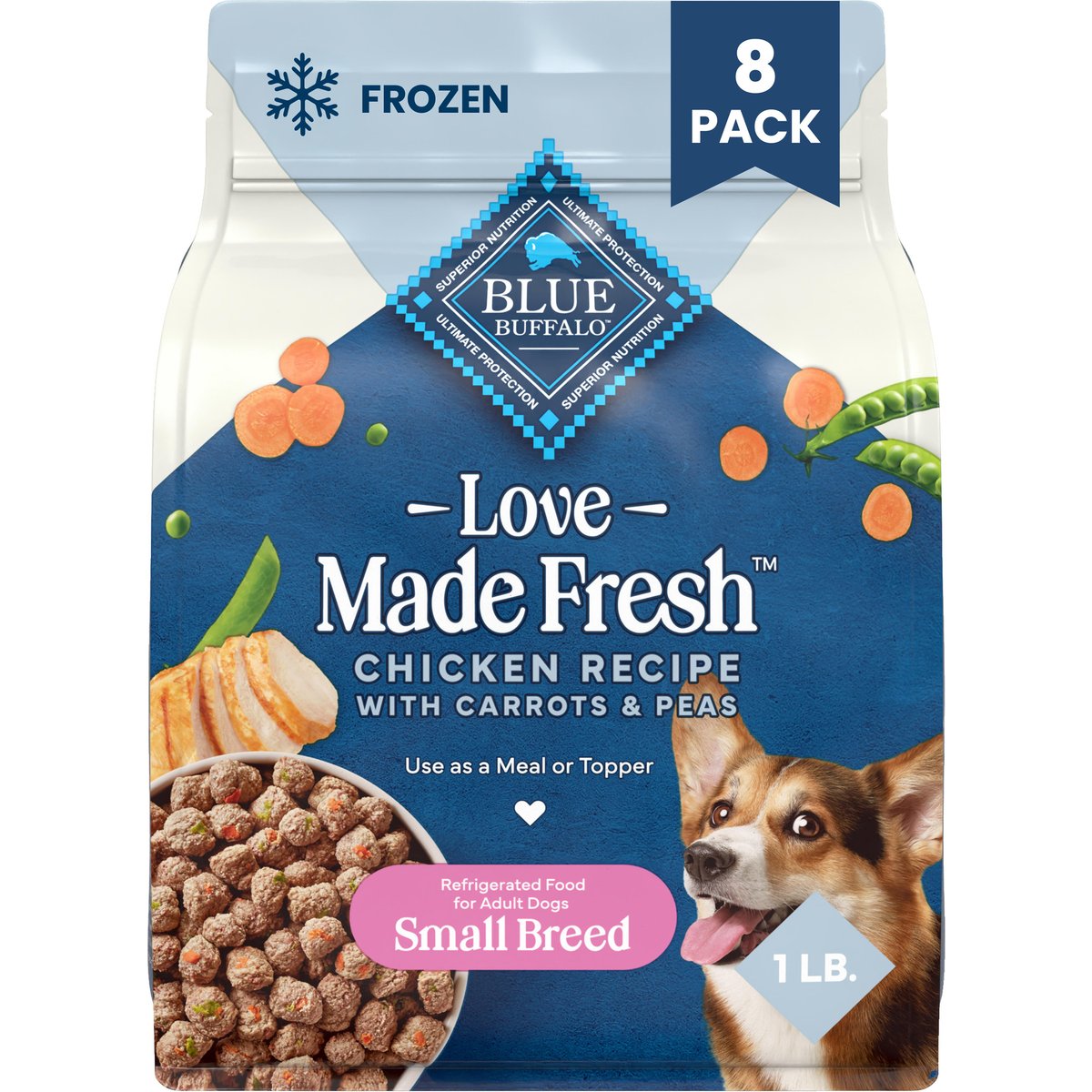 Blue Buffalo Love Made Fresh Frozen All Natural Chicken Meatball with Carrots & Peas Dog Food, 1-lb pouch, bundle of 8