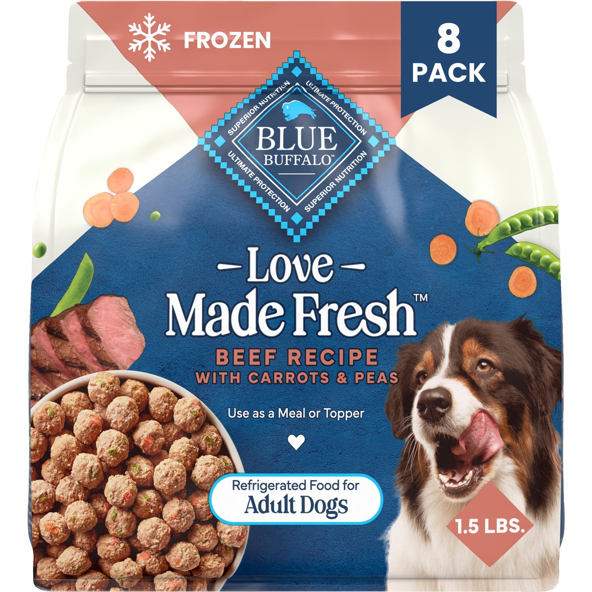 Blue Buffalo Love Made Fresh Fully Cooked Natural Beef Meatball Fresh Dog Food, 1.5-lb pouch, bundle of 8