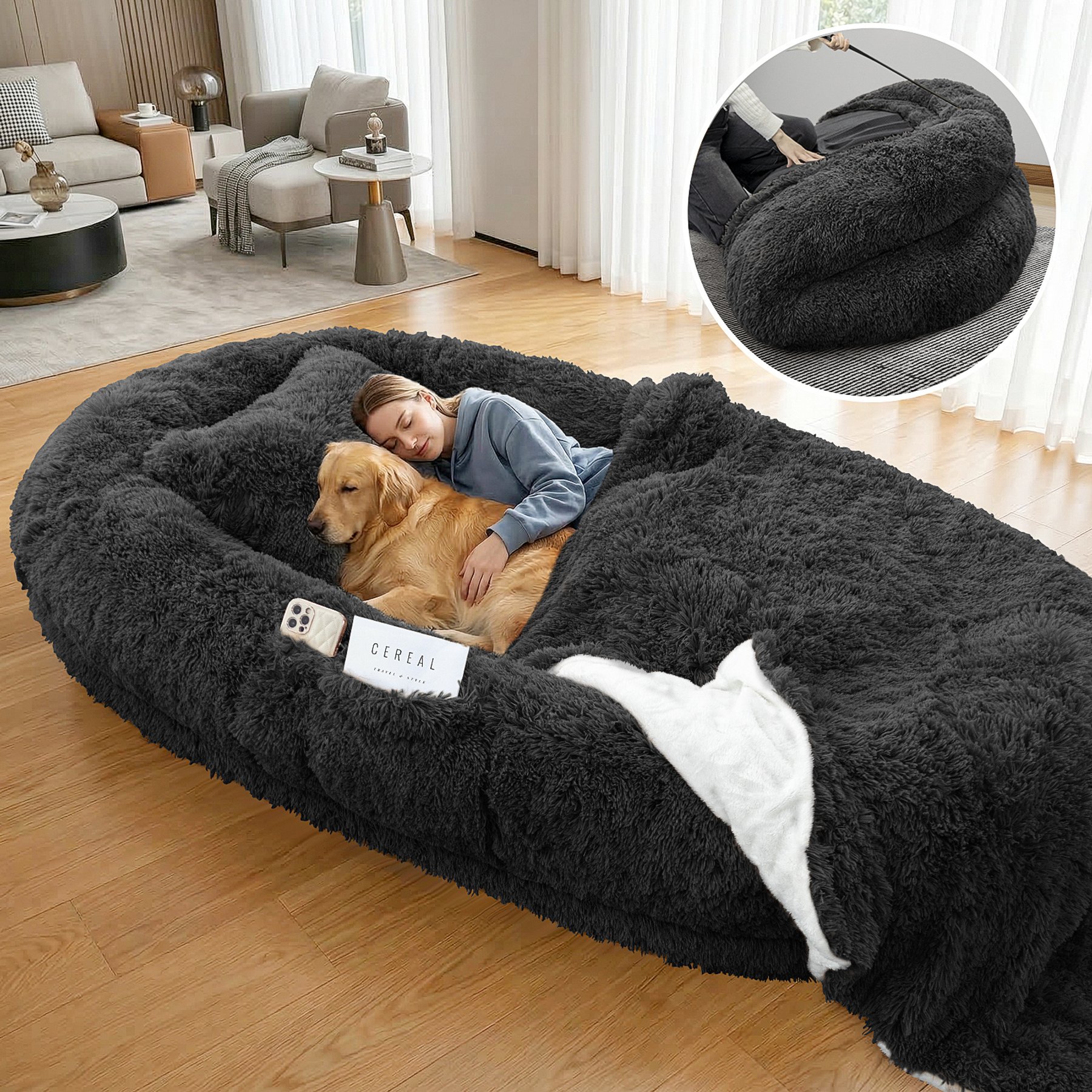 PawsNestParlor Human Washable Faux Fur Orthopedic Covered Dog Bed with Plump Pillow, Blanket & Strap, 78 x 45 x 12-in, Black