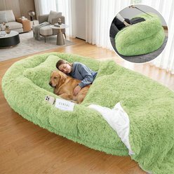 PawsNestParlor Human Washable Faux Fur Orthopedic Covered Dog Bed with Plump Pillow, Blanket & Strap, 78 x 45 x 12-in, Green