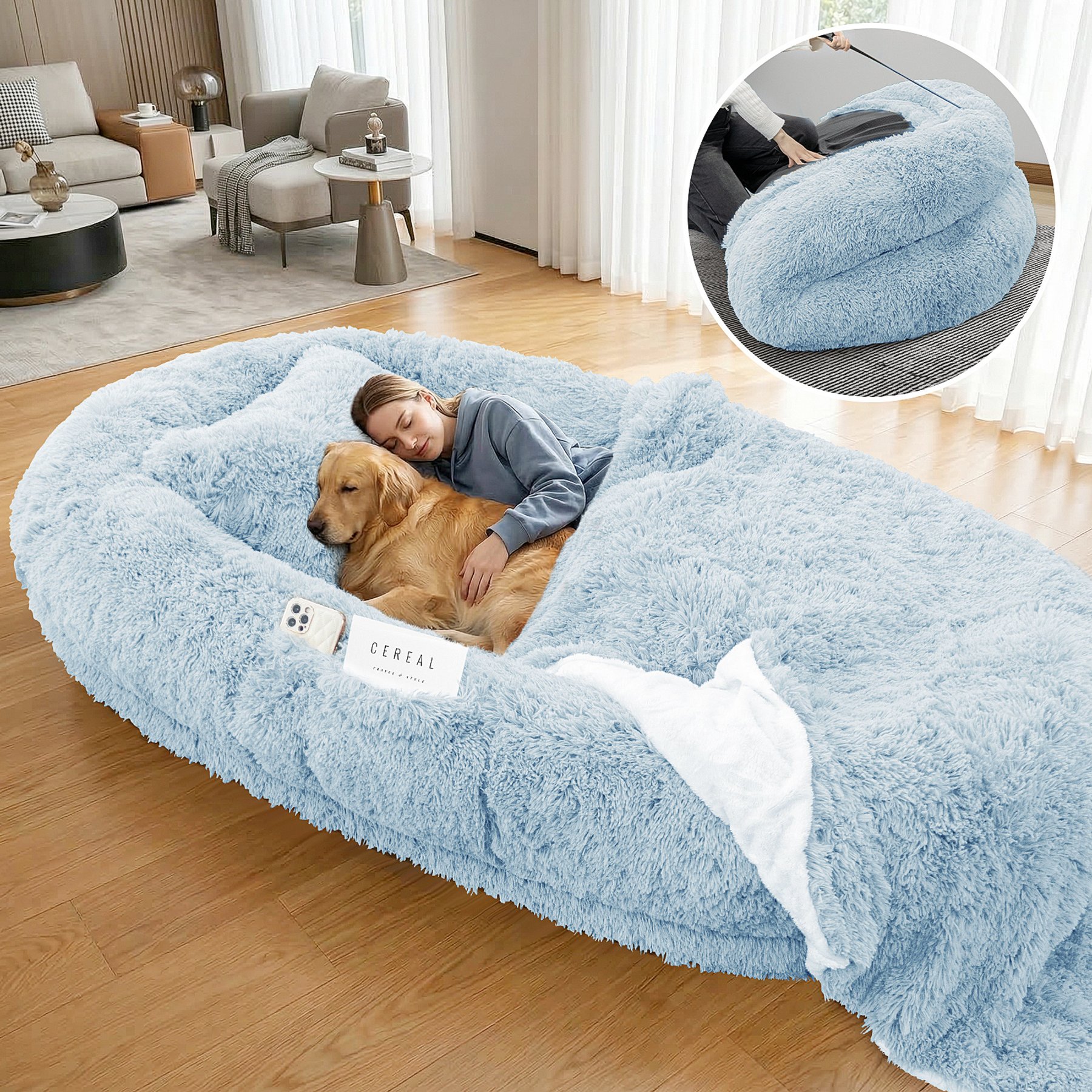 PawsNestParlor Human Washable Faux Fur Orthopedic Covered Dog Bed with Plump Pillow, Blanket & Strap, 78 x 45 x 12-in, Blue