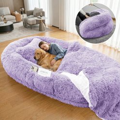 PawsNestParlor Human Washable Faux Fur Orthopedic Covered Dog Bed with Plump Pillow, Blanket & Strap, 78 x 45 x 12-in, Purple