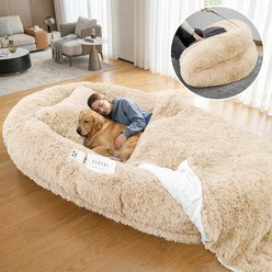 PawsNestParlor Human Washable Faux Fur Orthopedic Covered Dog Bed with Plump Pillow, Blanket & Strap, 78 x 45 x 12-in, Beige slide 1 of 6