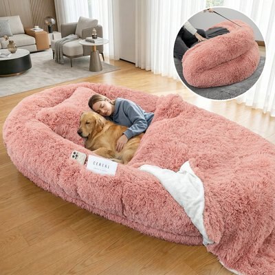 PawsNestParlor PawsNestParlor Human Washable Faux Fur Orthopedic Covered Dog Bed with Plump Pillow, Blanket & Strap, 78 x 45 x 12-in, Pink