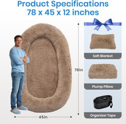 PawsNestParlor Human Washable Faux Fur Orthopedic Covered Dog Bed with Plump Pillow, Blanket & Strap, 78 x 45 x 12-in, Khaki slide 2 of 6