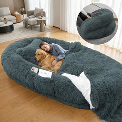 PawsNestParlor Human Washable Faux Fur Orthopedic Covered Dog Bed with Plump Pillow, Blanket & Strap, 78 x 45 x 12-in, Dark Grey