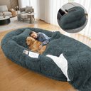 PawsNestParlor Human Washable Faux Fur Orthopedic Covered Dog Bed with Plump Pillow, Blanket & Strap, 78 x 45 x 12-in, Dark Grey