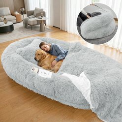 PawsNestParlor Human Washable Faux Fur Orthopedic Covered Dog Bed with Plump Pillow, Blanket & Strap, 78 x 45 x 12-in, Grey