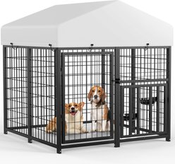 PawsNestParlor Outside 2 Rotating Bowls & Updated Secure Lock with Roof Escape-Proof Dog Kennal, Black, 48 x 48 x 51-in