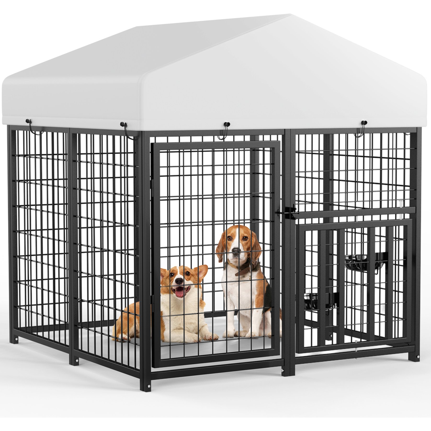 PawsNestParlor Outside 2 Rotating Bowls & Updated Secure Lock with Roof Escape-Proof Dog Kennal, Black, 48 x 48 x 51-in
