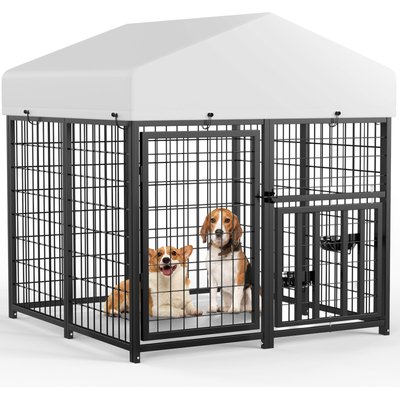 PawsNestParlor PawsNestParlor Outside 2 Rotating Bowls & Updated Secure Lock with Roof Escape-Proof Dog Kennal, Black, 48 x 48 x 51-in