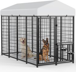 PawsNestParlor Outside 2 Rotating Bowls & Updated Secure Lock with Roof Escape-Proof Dog Kennal, Black, 96 x 48 x 67.2-in
