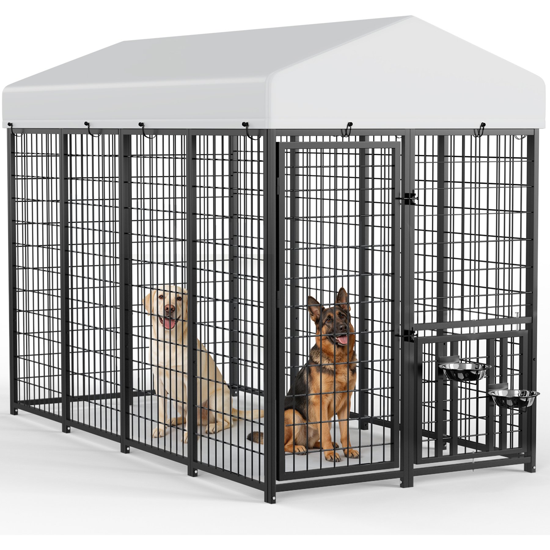 PawsNestParlor Outside 2 Rotating Bowls & Updated Secure Lock with Roof Escape-Proof Dog Kennal, Black, 96 x 48 x 67.2-in