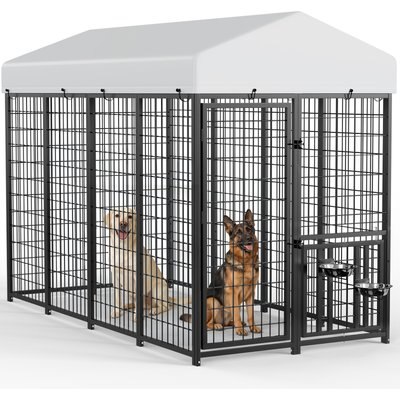 PawsNestParlor PawsNestParlor Outside 2 Rotating Bowls & Updated Secure Lock with Roof Escape-Proof Dog Kennal, Black, 96 x 48 x 67.2-in
