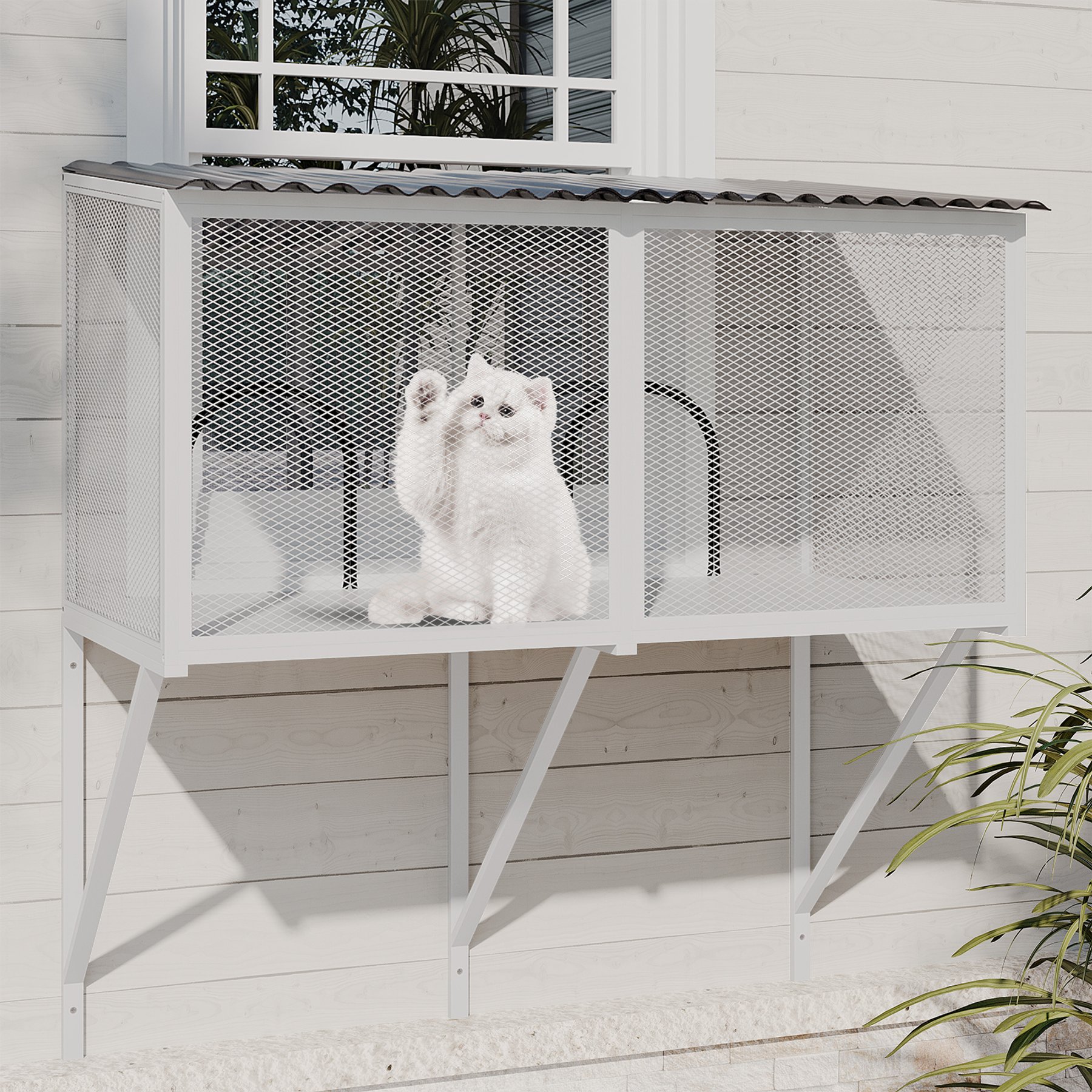 PawsNestParlor Waterproof Roof Window Catio Enclosure with Insect Net Metal Outdoor Cat House, 43.4 x 22.83 x 46.49-in, White
