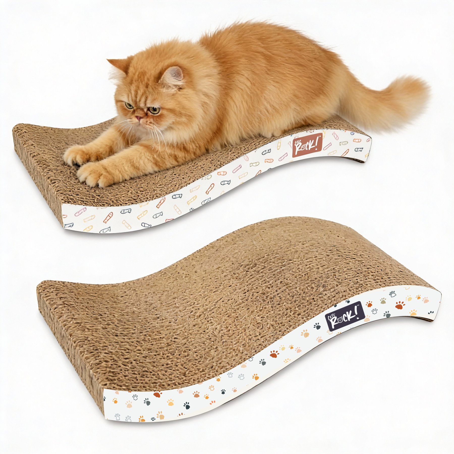 Cats Rock Paws & Sardines Wave Corrugated Cardboard Double-Sided Exercise Cat Scratcher Toy with Catnip, 2 count