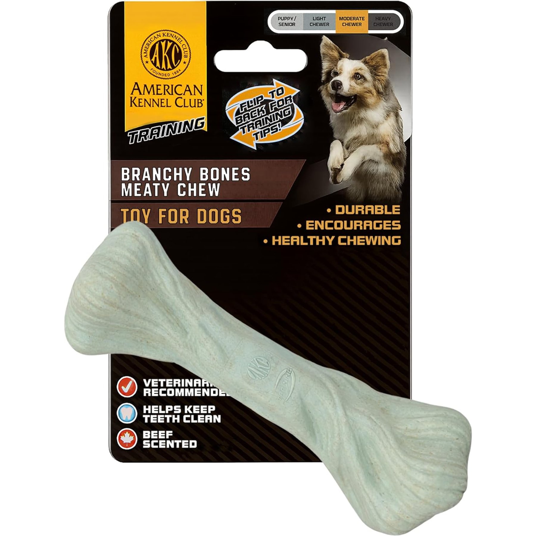 American Kennel Club Polypropylene Bone Durable Beef Scented Training Dog Chew Toy, Large, Green