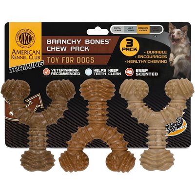 American Kennel Club American Kennel Club Wood-Infused Polypropylene Spiky Wishbone Durable Beef Scented Training Dog Chew Toy, 3 count