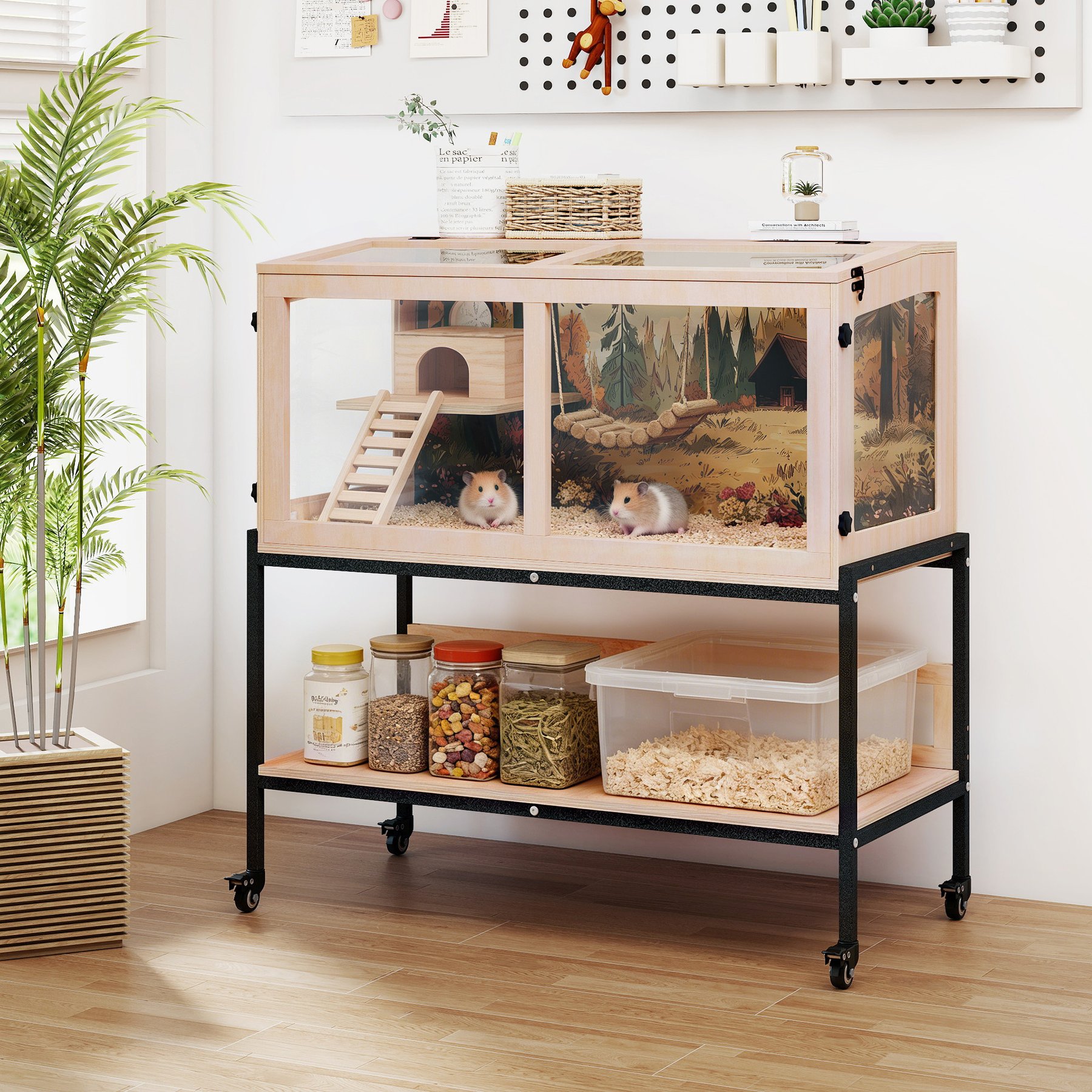 Coziwow Wooden Small Pet Cage with Storage Stand & Rolling Wheels, Natural, Large: 38.98-in