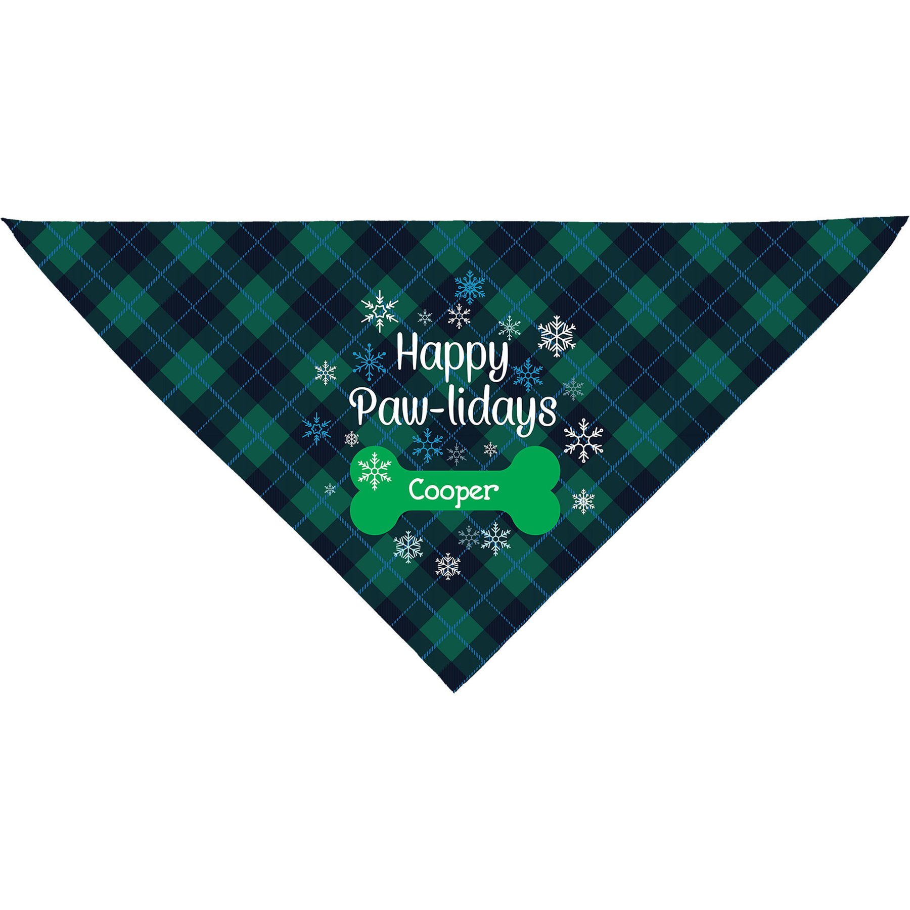 PGS Happy Paw-lidays Plaid Personalized Dog Bandana, Navy/Green/White, Small