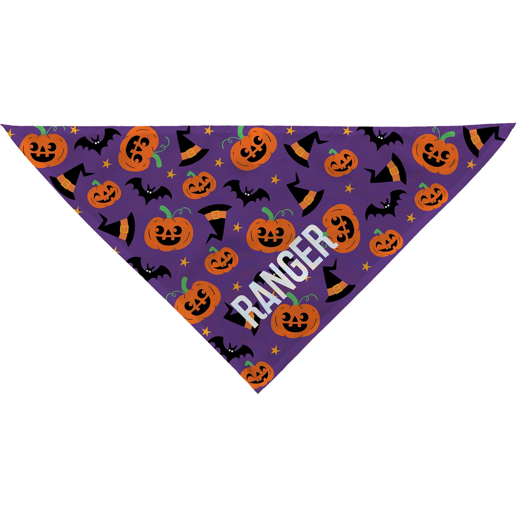 PGS Pumpkins, Bats & Witch Hats on Purple Background with Name Personalized Dog Bandana, Purple/Orange/Black/White, Small