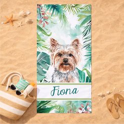 PGS Yorkie Palm Background Watercolor Dog Breeds White Sublimatable Dog Beach Towel, Teal/White/Brown/Green/Pink, 30 x 60-in slide 2 of 3