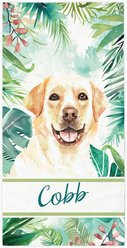 PGS Yellow Lab Palm Background Watercolor Dog Breeds White Sublimatable Dog Beach Towel, Teal/White/Brown/Green/Pink, 30 x 60-in