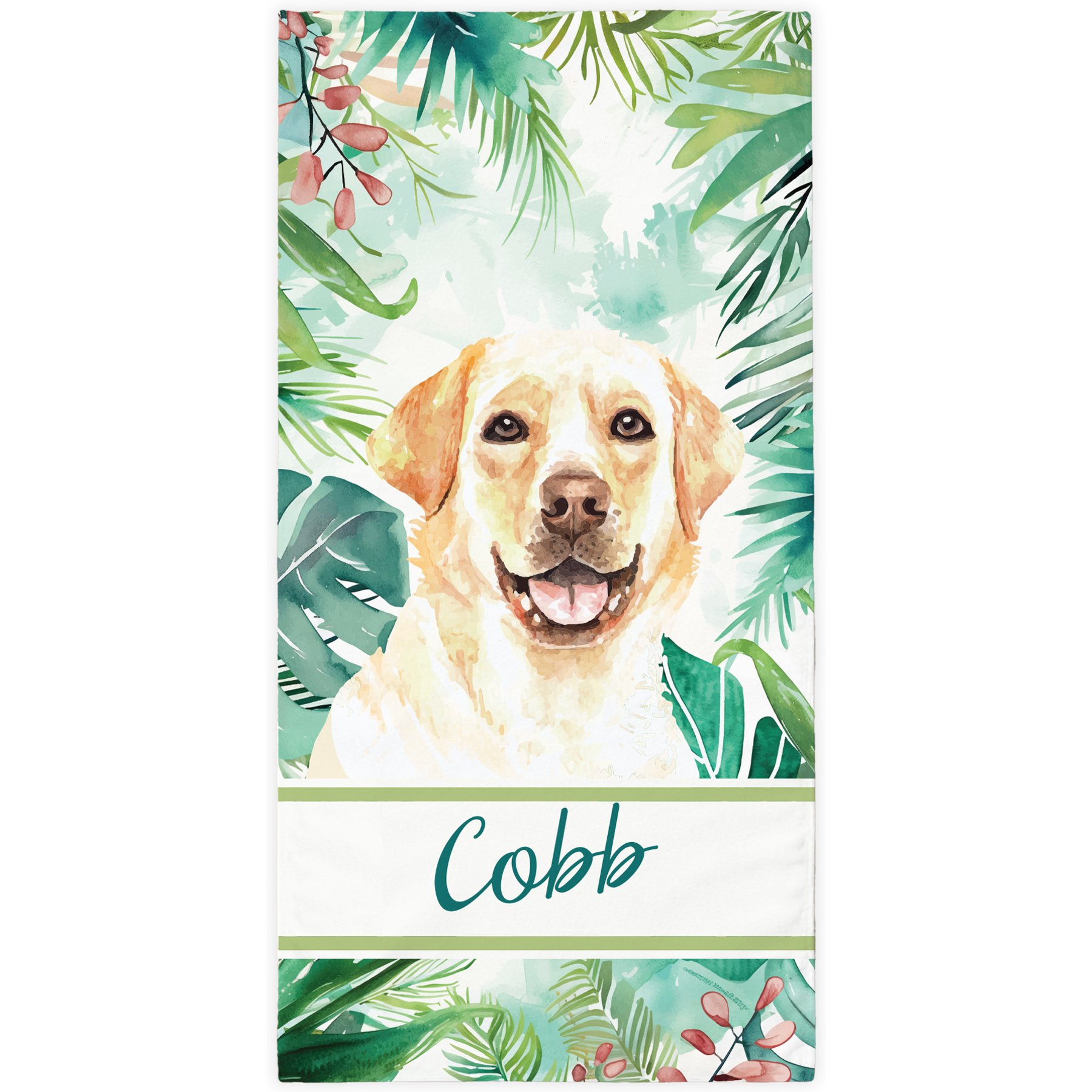 PGS Yellow Lab Palm Background Watercolor Dog Breeds White Sublimatable Dog Beach Towel, Teal/White/Brown/Green/Pink, 30 x 60-in