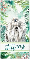 PGS Shih Tzu Palm Background Watercolor Dog Breeds White Sublimatable Dog Beach Towel, Teal/White/Brown/Green/Pink, 30 x 60-in