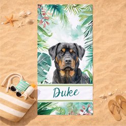 PGS Rottweiler Palm Background Watercolor Dog Breeds White Sublimatable Dog Beach Towel, Teal/White/Brown/Green/Pink, 30 x 60-in slide 2 of 3