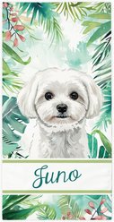 PGS Maltese Palm Background Watercolor Dog Breeds White Sublimatable Dog Beach Towel, Teal/White/Brown/Green/Pink, 30 x 60-in