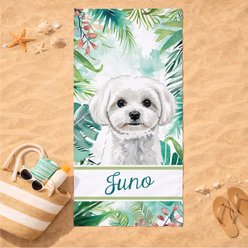 PGS Maltese Palm Background Watercolor Dog Breeds White Sublimatable Dog Beach Towel, Teal/White/Brown/Green/Pink, 30 x 60-in slide 2 of 3