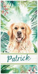 PGS Golden Retriever Palm Background Watercolor Dog Breeds White Sublimatable Dog Beach Towel, Teal/White/Brown/Green/Pink, 30 x 60-in