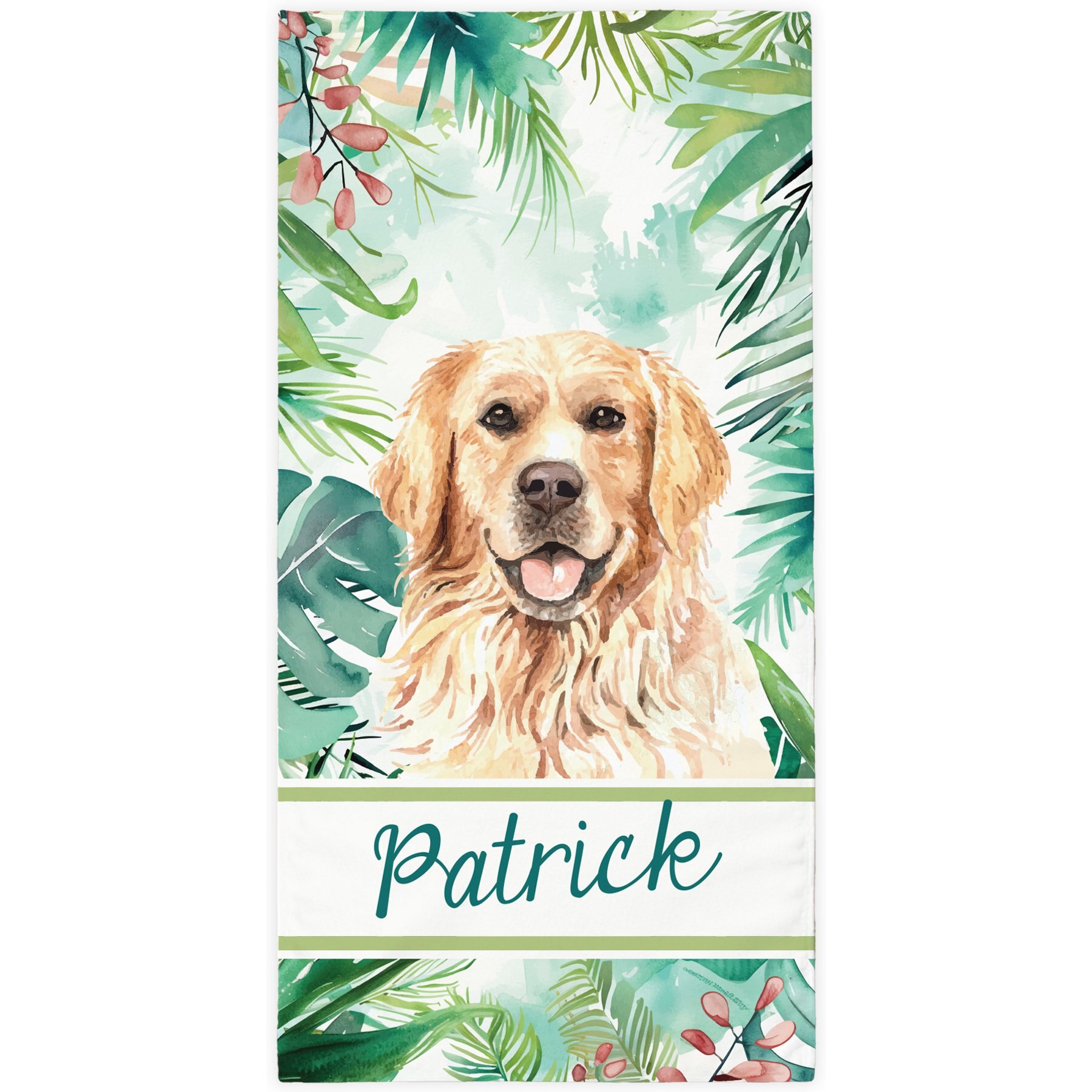 PGS Golden Retriever Palm Background Watercolor Dog Breeds White Sublimatable Dog Beach Towel, Teal/White/Brown/Green/Pink, 30 x 60-in