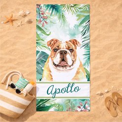 PGS Bulldog Palm Background Watercolor Dog Breeds White Sublimatable Dog Beach Towel, Teal/White/Brown/Green/Pink, 30 x 60-in slide 2 of 3