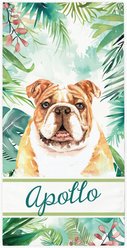 PGS Bulldog Palm Background Watercolor Dog Breeds White Sublimatable Dog Beach Towel, Teal/White/Brown/Green/Pink, 30 x 60-in