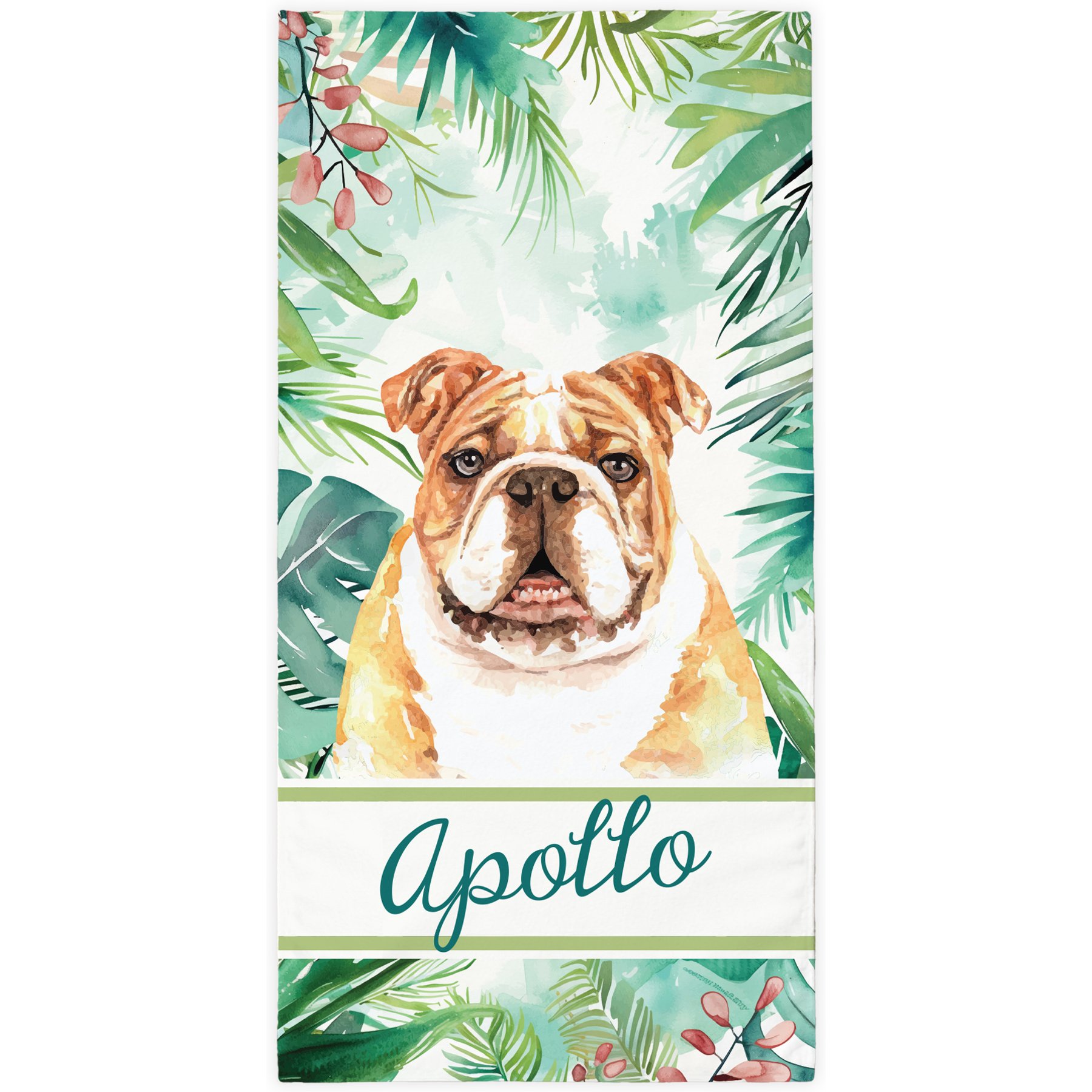 PGS Bulldog Palm Background Watercolor Dog Breeds White Sublimatable Dog Beach Towel, Teal/White/Brown/Green/Pink, 30 x 60-in