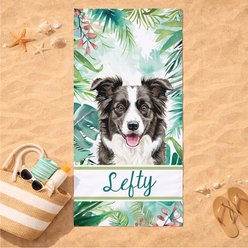 PGS Border Collie Palm Background Watercolor Dog Breeds White Sublimatable Dog Beach Towel, Teal/White/Brown/Green/Pink, 30 x 60-in slide 2 of 3