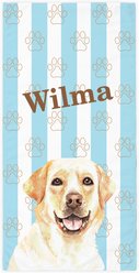PGS Yellow Lab Watercolor Dogs with Brown Paw Outlines on Stripes White Sublimatable Dog Beach Towel, Teal/White/Brown, 30 x 60-in
