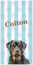 PGS Rottweiler Watercolor Dogs with Brown Paw Outlines on Stripes White Sublimatable Dog Beach Towel, Teal/White/Brown, 30 x 60-in