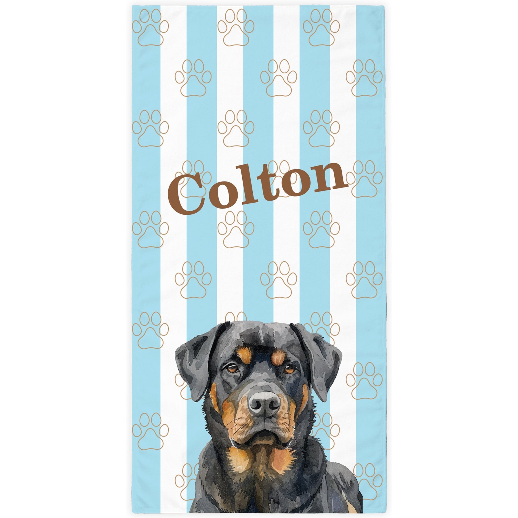 PGS Rottweiler Watercolor Dogs with Brown Paw Outlines on Stripes White Sublimatable Dog Beach Towel, Teal/White/Brown, 30 x 60-in