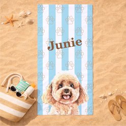 PGS Poodle Watercolor Dogs with Brown Paw Outlines on Stripes White Sublimatable Dog Beach Towel, Teal/White/Brown, 30 x 60-in slide 2 of 3