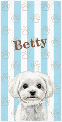 PGS Maltese Watercolor Dogs with Brown Paw Outlines on Stripes White Sublimatable Dog Beach Towel, Teal/White/Brown, 30 x 60-in